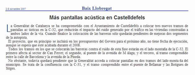 Not&iacute;cia publicada al setmanari TRIBUNA anunciant la instal&middot;laci&oacute; de noves pantalles ac&uacute;stiques a la C-32 a Castelldefels